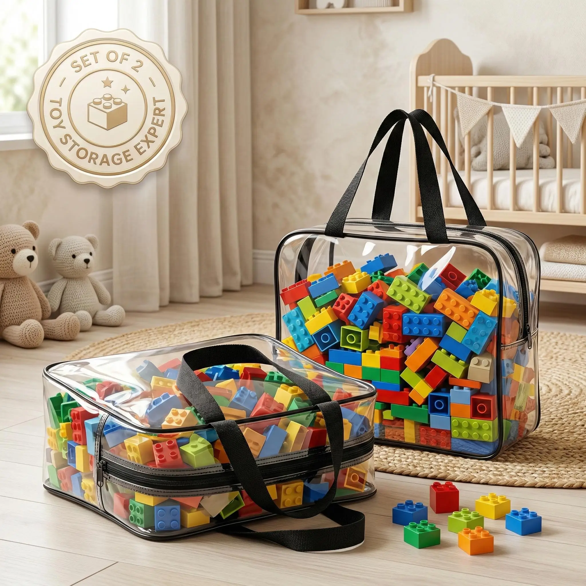 2 Peças de Bolsa de Armazenamento Transparente Pequena 30*22*10cm, Estojo de PVC Transparente com Zíper para Blocos de Montar, Brinquedos, Maquiagem e Artigos de Higiene Pessoal