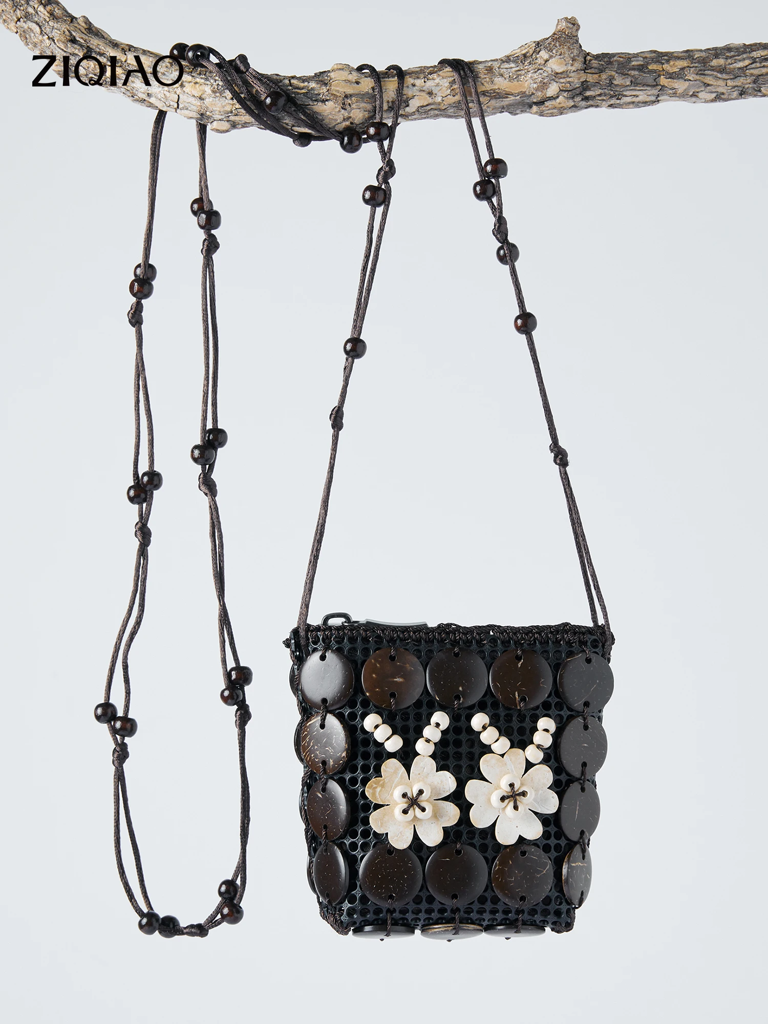 ZIQIAO 2026 Summer Women's Handwoven Wooden Bead Mini Crossbody Bag - Retro Style with Beaded Accent for Vacation and Daily Use