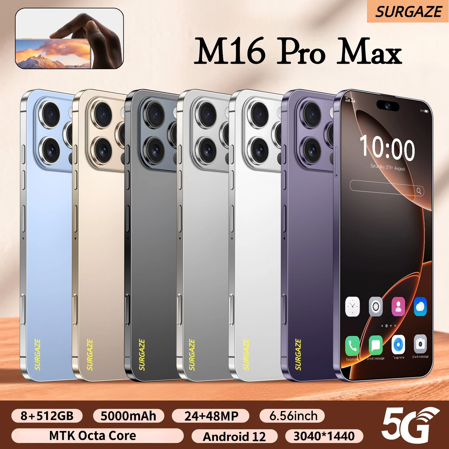 Смартфон SURGAZE M16 Pro Max Android, 5000 мАч, 8 ГБ ОЗУ, 512 ГБ ПЗУ, 6.56 дюйма, 24+48 МП, с поддержкой сети 2026