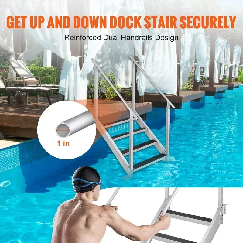 VEVOR Dock Stairs 4 Steps, 500lbs Load Pool Steps, Adjustable Height Aluminum Dock Ladders, Pontoon Boat Ladder