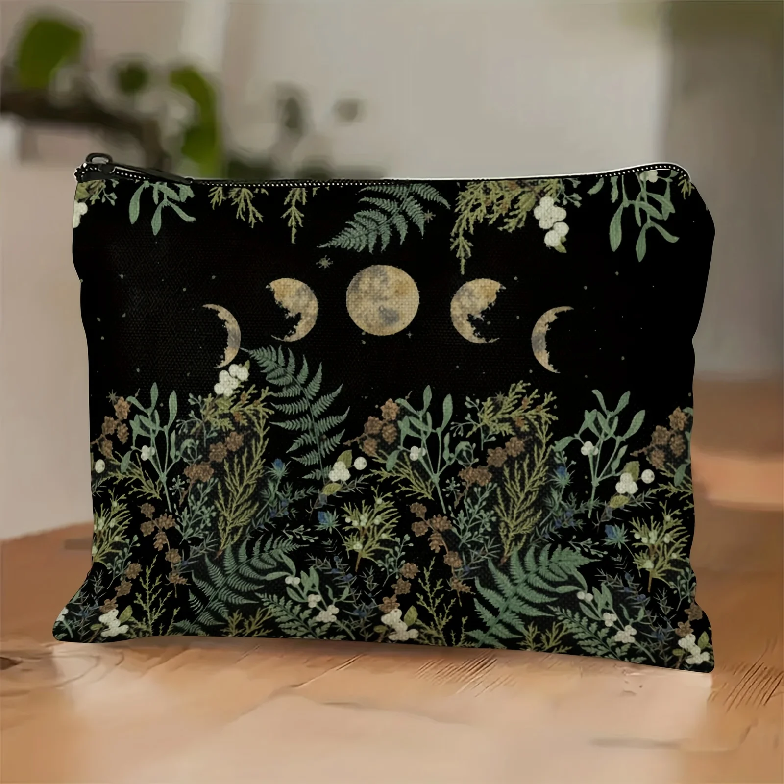 Green Witch Nature Moon Phase Forest Boho Tarot Zipper Pouch Cosmetic Bag Crescent Moon & Foliage  Pencils, Travel Accessories