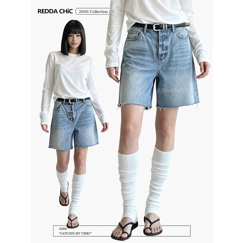 

ReddaChic Retro Distressed Women Jean Shorts Summer High Waist Loose Wide Leg Raw Hem Denim Bermuda Pants Going Out Streetwear