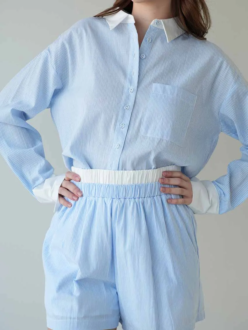 Marthaqiqi Striped Loose Women Nightgowns Suit Long Sleeve Pajamas Turn-Down Collar Sleepwear Shorts Casual Ladies Nightwear Set