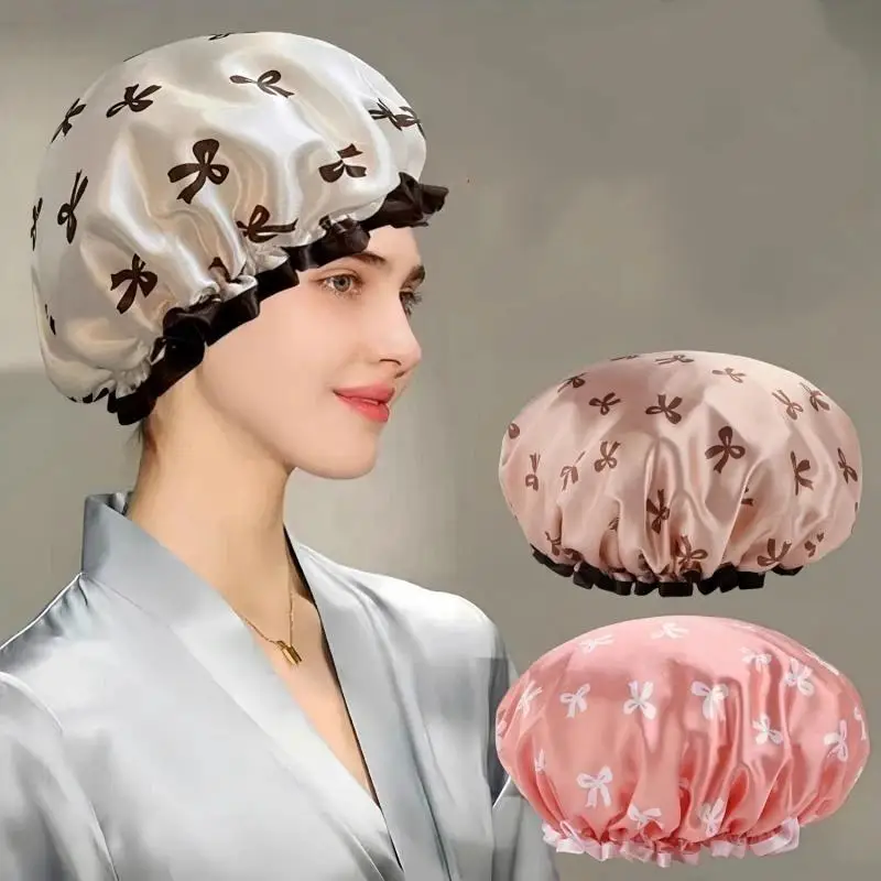 Reusable Waterproof Double Layer Shower Cap Cute Printed Elastic Bath Hat for Women Salon Home Travel Use