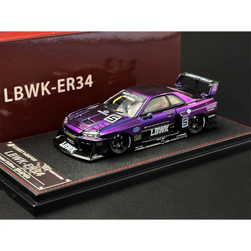 SW In Stock 1:64 LBWK Skyline GTR ER34 Super Silhouette Chameleon Chrome Opened Hood Diecast Car Model Collection Street Weapon