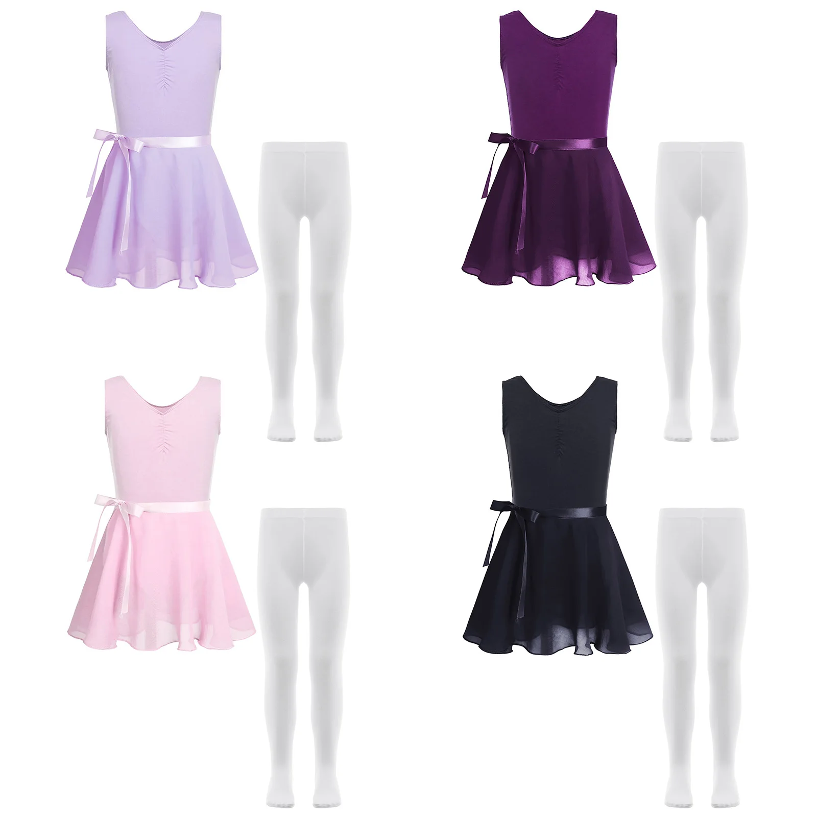 Ragazza per bambini Ginnastica Balletto Jersey Abito Figura Pattinaggio su ghiaccio Body senza maniche increspato + Gonna in chiffon con cravatta + Collant Dancewear