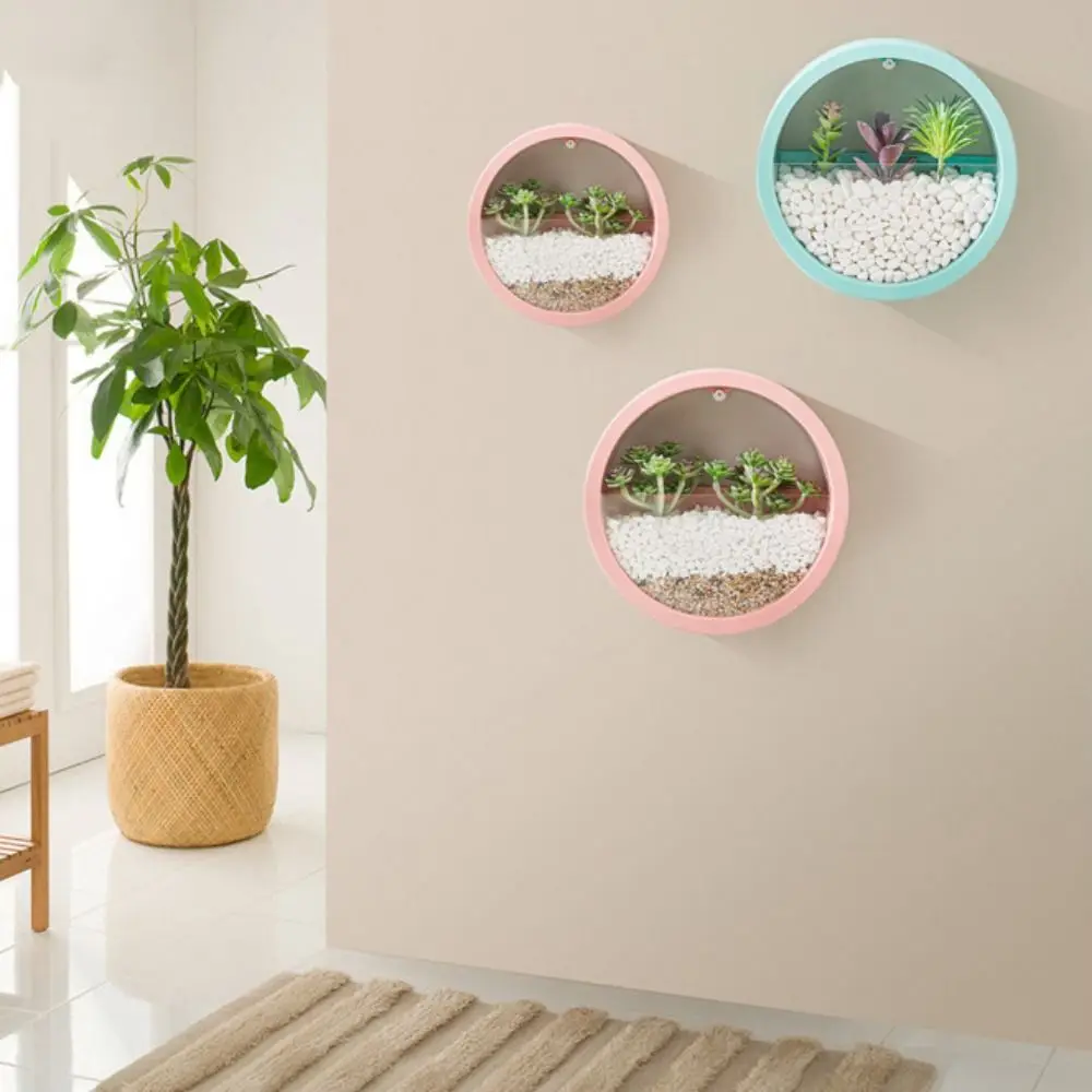 Nordic Style Round Wall Hanging Flowerpot Punch-free Plastic Transparent Flower Pot Living Room Restaurant Home Decor Wall Vase