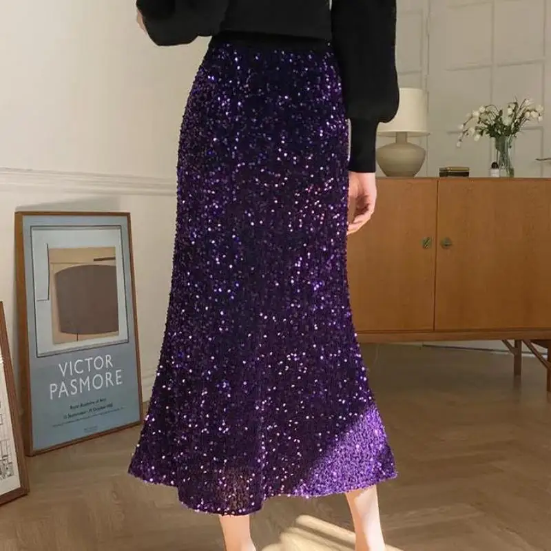 Sequins Mermaid Skirt For Women Elegant Fashion Stylish Chic Elastic Waist Slim Pencil Long Skirts Women Clothes Korean Style