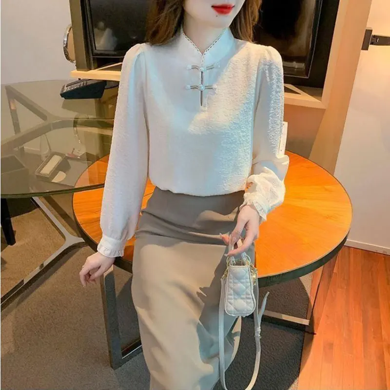 Women\'s Autumn Casual Simplicity Solid Color Long Sleeve Shirts Women Clothes Fashion Elegant Chinese Style Temperament Tops