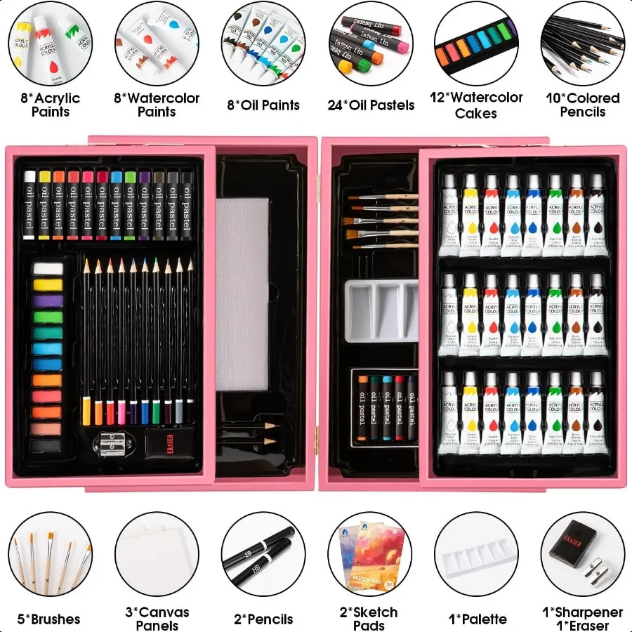 Paia d'arte Set d'arte in legno deluxe Kit di pittura da disegno artigianale con 2 blocchi per schizzi Pastelli ad olio Colori ad acquerello acrilico Creativo G