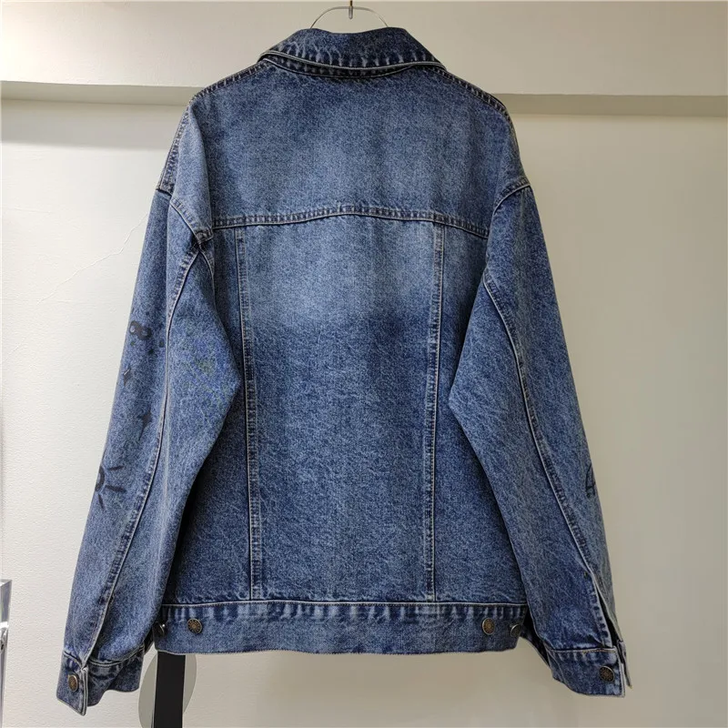 Frühling Hand Bemalt Graffiti Druck Denim Jacke Wolke Patch Patchwork Frauen Casual Revers Langarm Jeans Jacke Streetwear