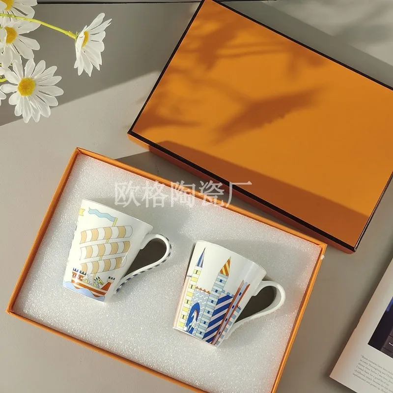 

Double Mug Cartoon Pattern Bone China Coffee Cup Home Water Cup Kids Drinking Cup Set for Family Use