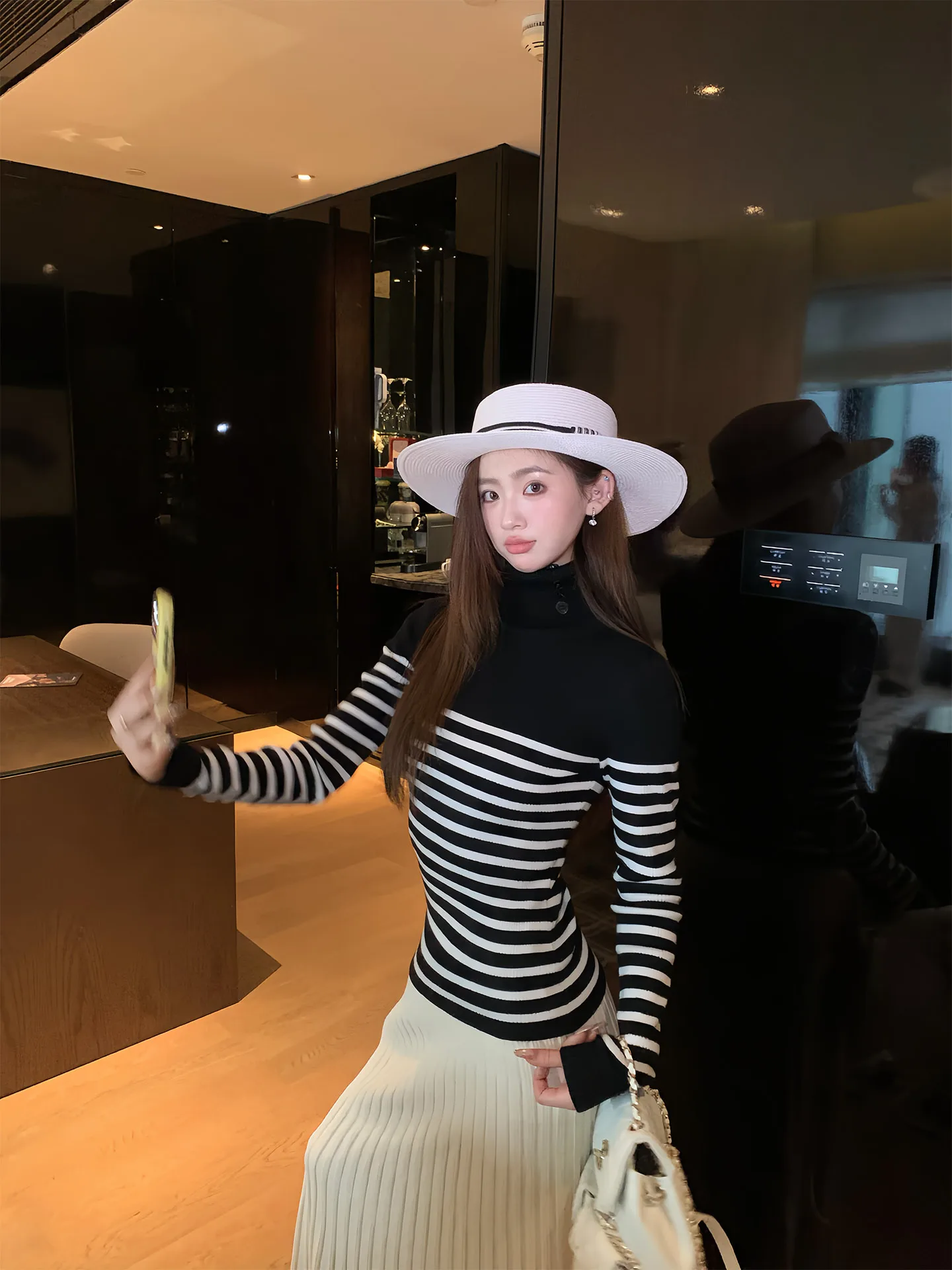 

Orange Tree High Collar Striped Color Blo Knitwear Women's Spring Autumn Slim Fit Base irt Casual Sle Moderate Softn