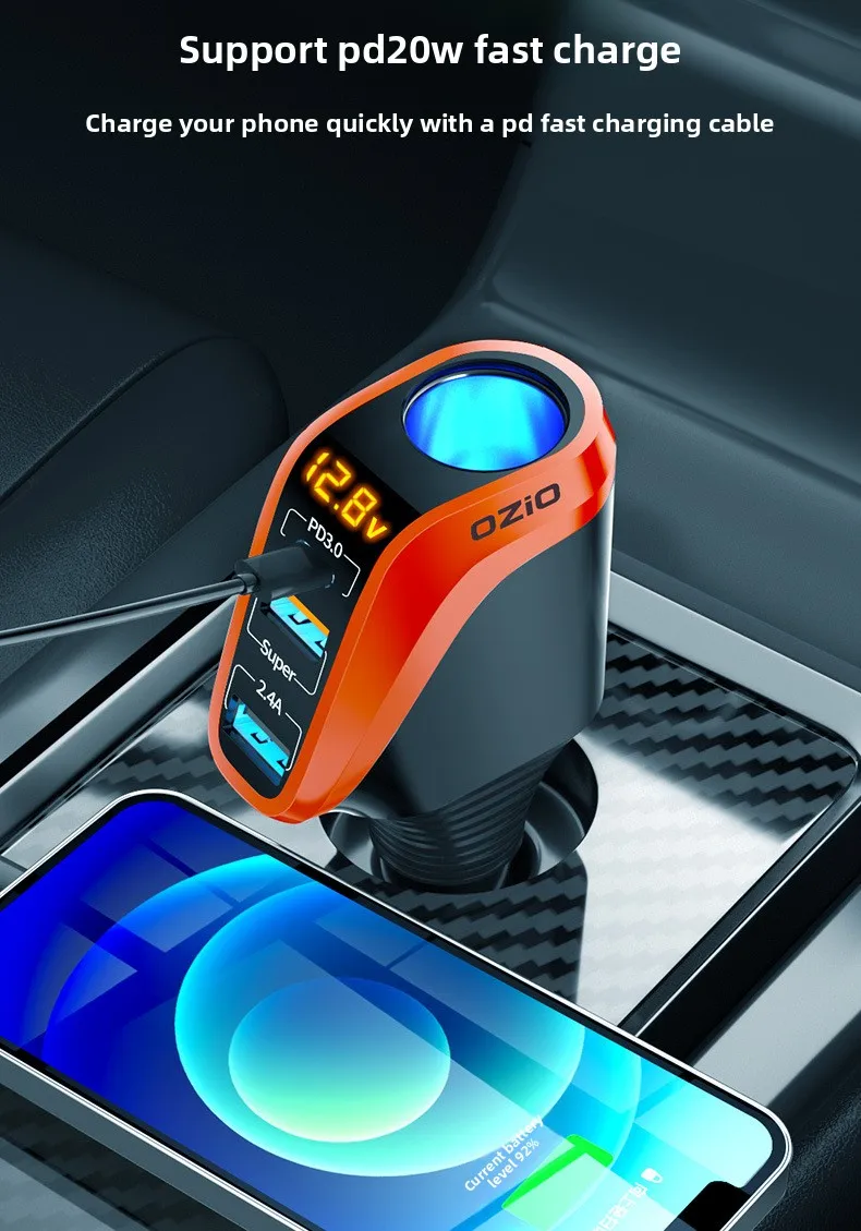 188W Car Charger with QC3.0 & PD20W Fast Charging 3-Port USB Adapter for iPhone Samsung 12V/24V Cigarette Lighter Socket