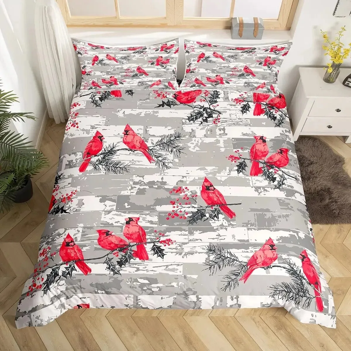 Cartoon Birds Duvet Cover Set,Watercolor Cute Music Animal Bedding Set Comforter Cover,Childlike Style Quilt Cover Set Full Size