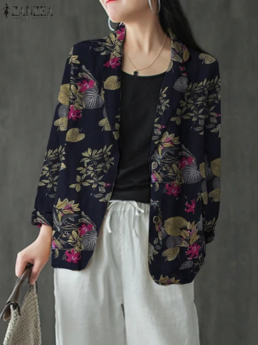 Imagen 2 del producto ZANZEA 2025 otoño chaqueta con estampado Floral para mujer Casual ligero manga larga cuello de solapa traje de lino de algodón chaquetas Ropa de Trabajo