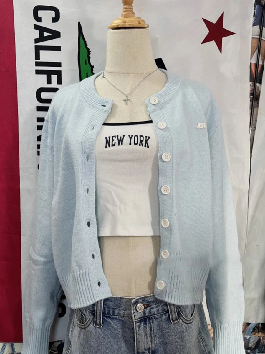 

Cute Baby Blue Knitted Cardigans Women Casual Cotton Preppy Style Button Sweater Coats Female Sweet Preppy Style Cardigan Tops