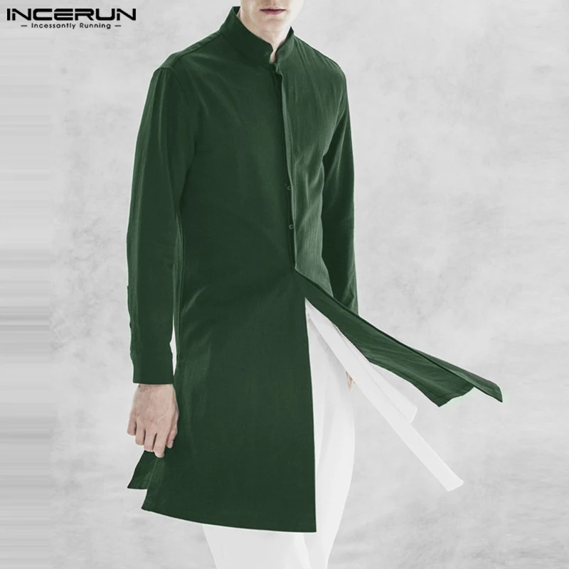 INCERUN 2023 Muslim Style New Men\'s Solid Shirts Fashionable Hot Selling Male Patchwork Standing Neck Long Sleeved Blouse S-5XL