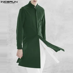 INCERUN 2023 Muslim Style New Men's Solid Shirts Fashionable Hot Selling Male Patchwork Standing Neck Long Sleeved Blouse S-5XL