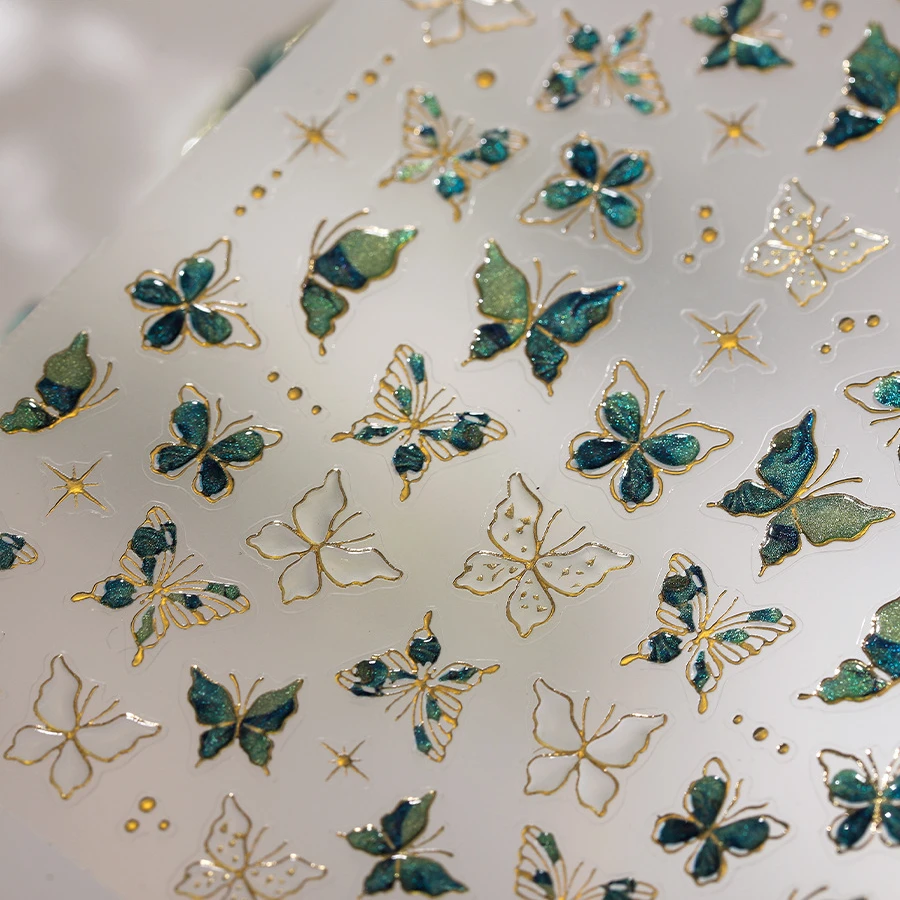 Gold Stamped Blue Green Glitter Butterfly 3D Jelly Self Adhesive Nail Art Stickers Polarized Illusion Manicure Decals Wholesale