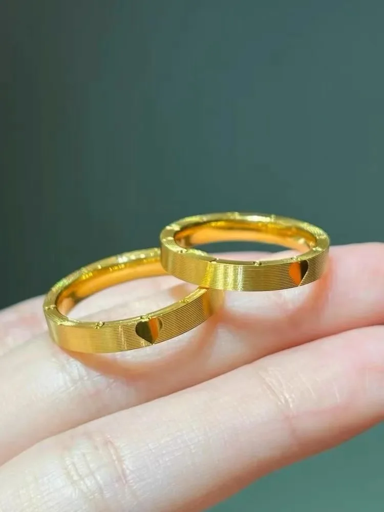Light luxury 24K real gold seenwork annual ring Love 520 brushed stripe ring au9999 pure gold female ring senior love couple