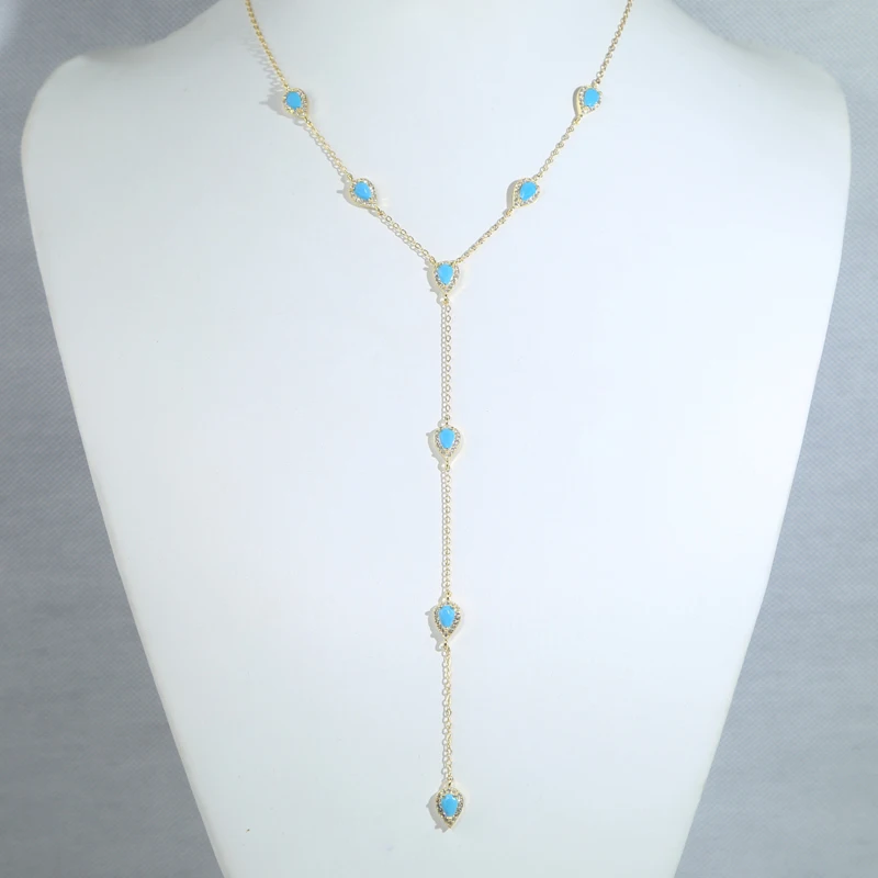2023 New Sexy Women Y Lariat Necklace Gold Plated Green Blue Red White Tear Drop CZ Geometric Colorful Jewelry