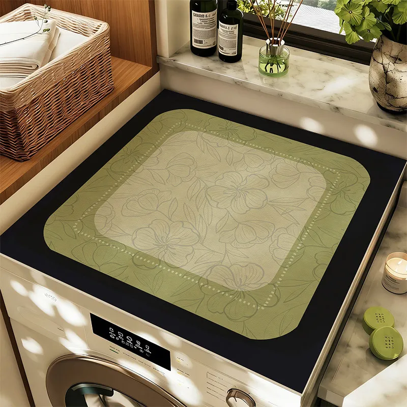 VIKAMA Vintage Olive Green Washing Machine Top Mat Tiny Leaf Border Waterproof Anti Dust Dryer Cabinet Surface Pad Dust Cover