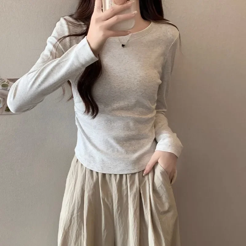 Long Sleeve Soft Waxy facial mask T-shirt Women's  New Style with Solid Color Drawn pleat Inside to Show Slim Design Top