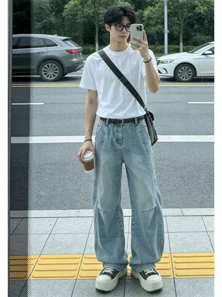 

Мужские свободные джинсы-брюки в американском стиле с плиссировкой, широкие штанины, зауженный крой, тренд уличной моды, весенняя коллекция