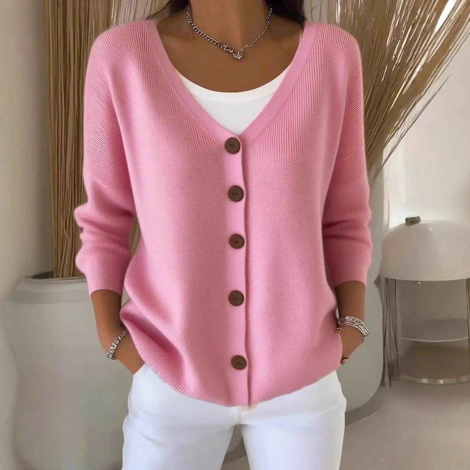 

Fashion Button Up Shirt Solid Color Spring Casual Loose V-Neck Long Sleeved Top For Women 2026