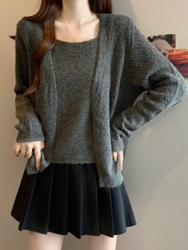 

plus Size Women's Autumn Winter Slimming Long Sve Square Collar Bridesmaid Cardigan Sweater Set Comfortable Faion Sle