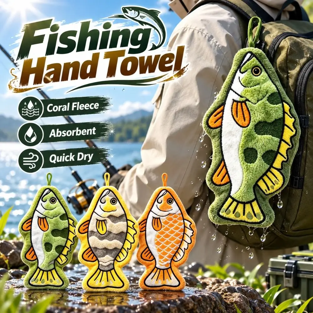 Absorbent Fishing Hand Towel Thickened Hanging Lure Fishing Wipe Cloth Coral Fleece Lightweight Fish Shaped Towel
