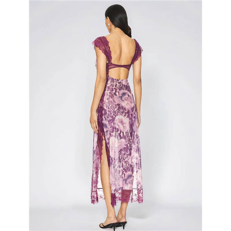 A83F-Women Lace Patchwork Mesh Maxi Dress Floral Print Cutout Sweetheart Neck Backless Slit Summer Y2K Long Dresses