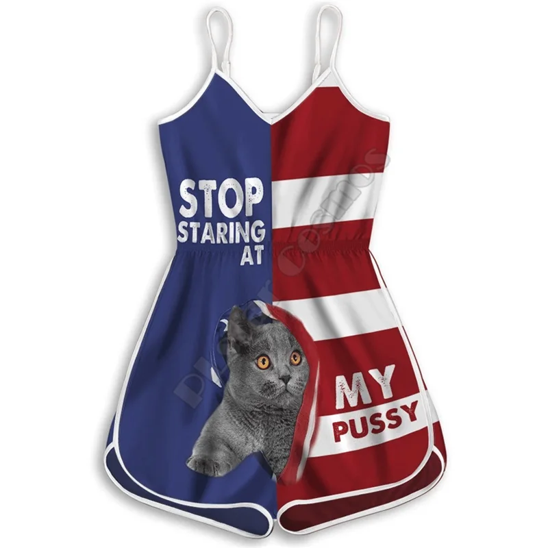 

3D All Over Printed Stop Staring At My Pussy British Shorthair Cat Rompers Summer women's Playsuits Bohemia Style Clothes