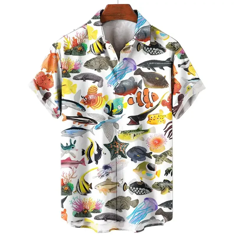 Men'S Hawaiian Shirts 3D Print Fish Graphics Fashion Button Short Sleeve Lapel Streetwear Hawaiian Blouse Shirts For Men Summer