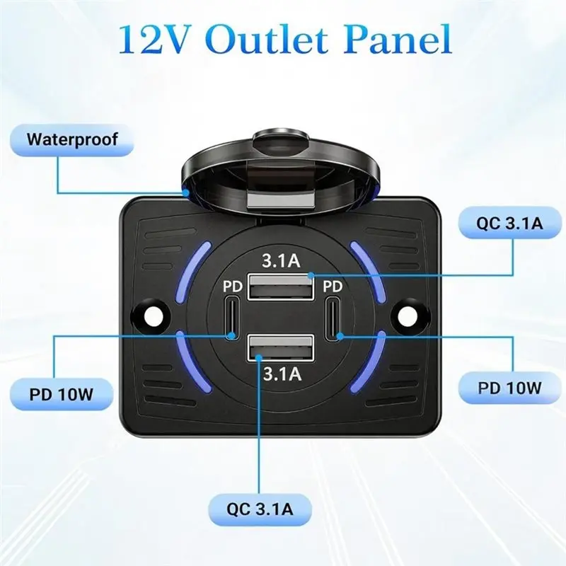 Wall Mount USB Outlet 4 Port 12V 2Pcs With Dual USB C PD& Dual USB A QC Fast Charging For Vehicles Truck Boat Marine-Boom