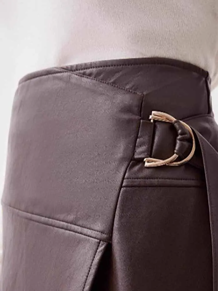 Damska, regulowana, asymetryczna długa spódnica, seksowna z rozcięciem, jednolita, dopasowana spódnica imprezowa, elegancka spódnica z wysokim stanem z ekoskóry.