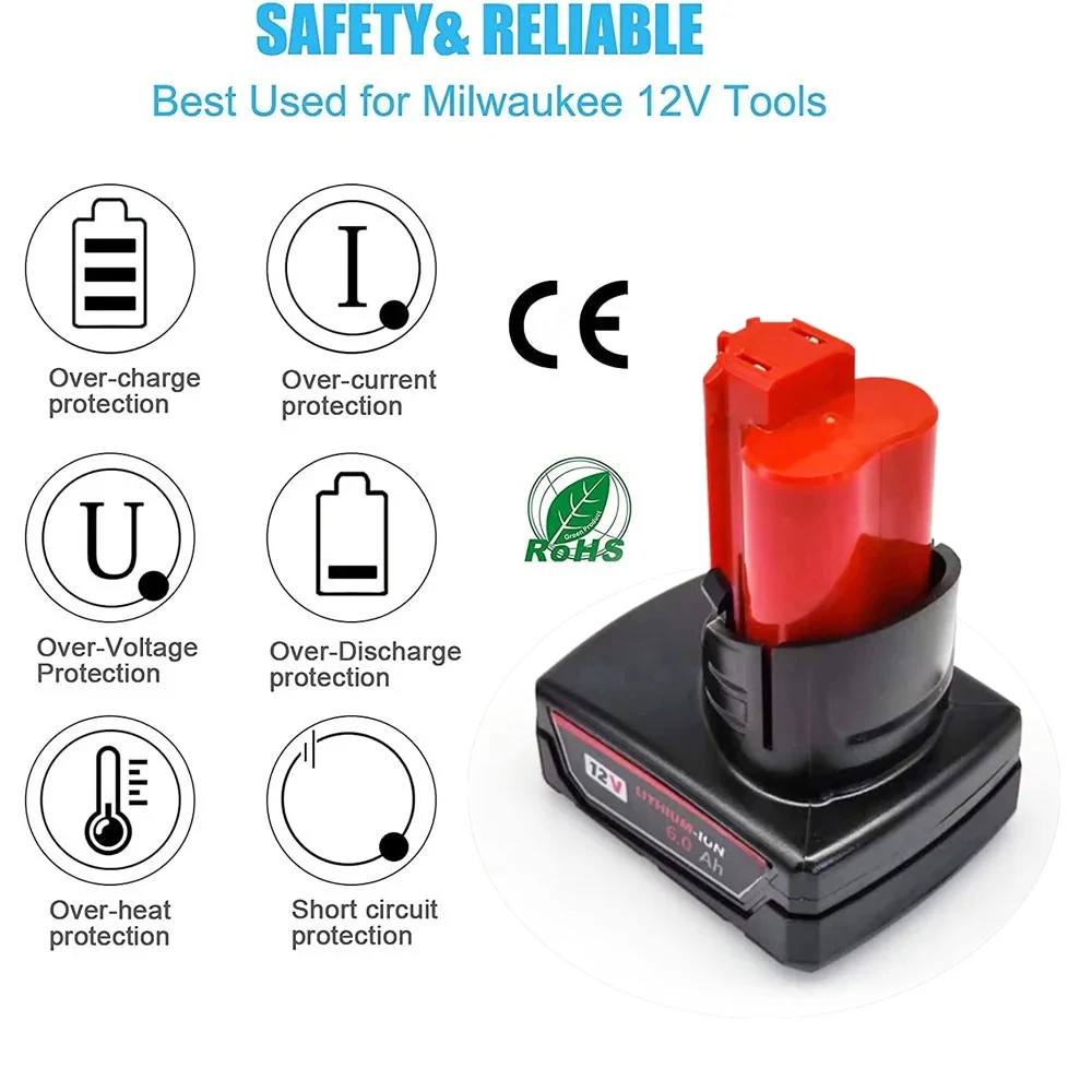 

For M12 12V Milwaukee Rechargeable Battery 3Ah/5Ah/6Ah XC Cordless Tools 48-11-2402 48-11-2411 Batteries 48-11-2401