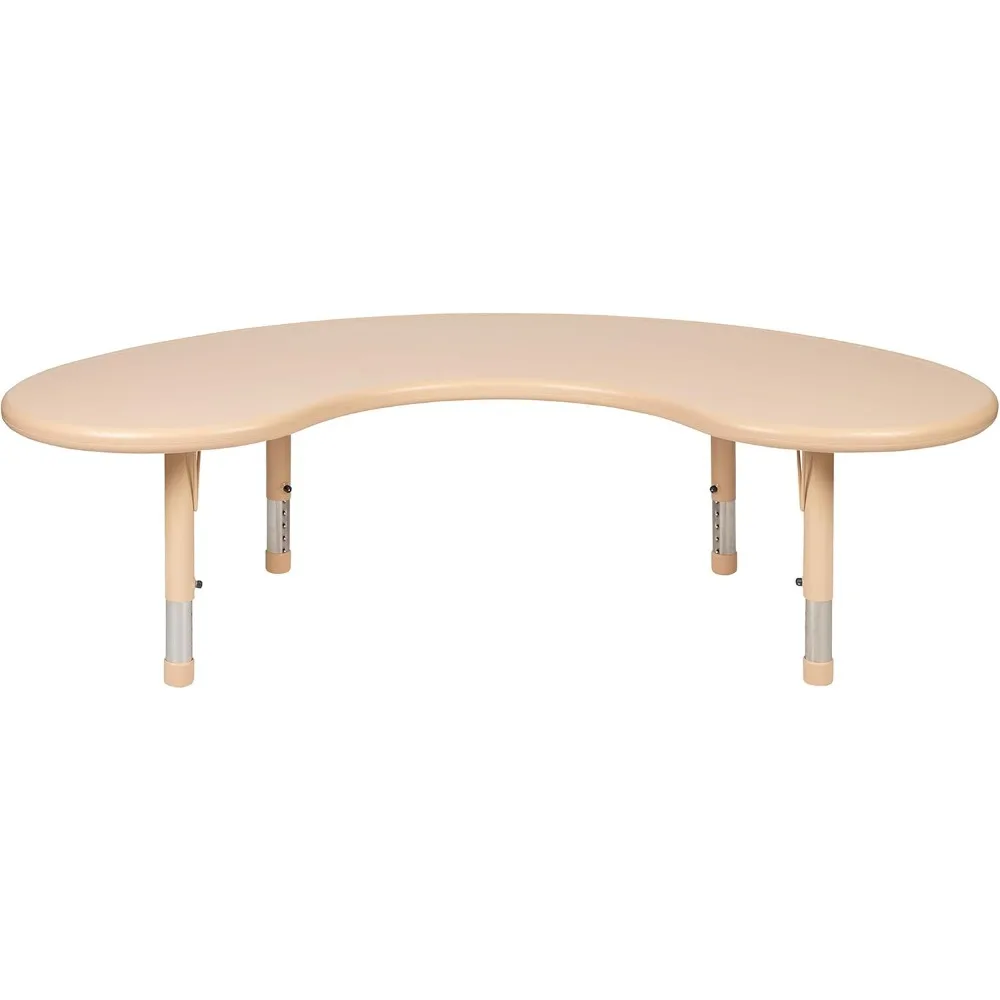 Mesa de atividades ajustável de plástico natural meia lua, mesa escolar para 8, Wx65 L, 35"