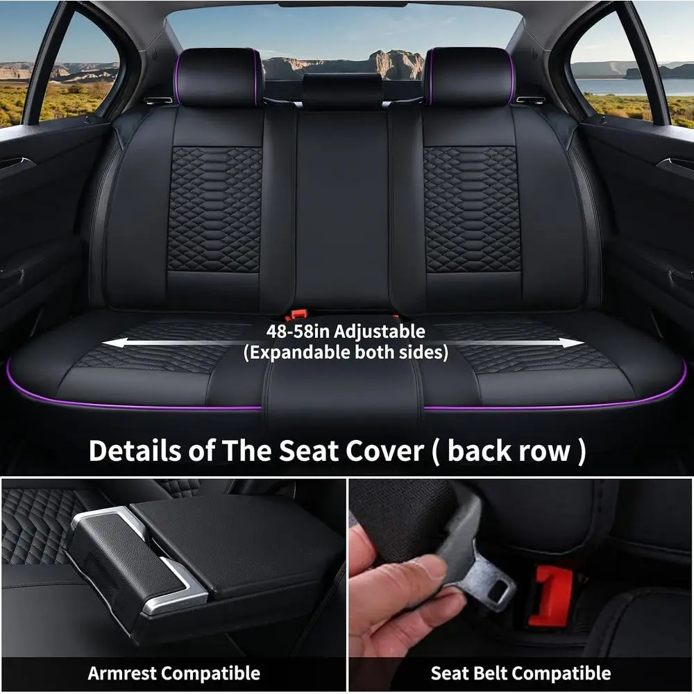 Universal Fit Black & Purple 5-Seat Nappa Leather Car Seat Covers Set with Water-Resistant Protection