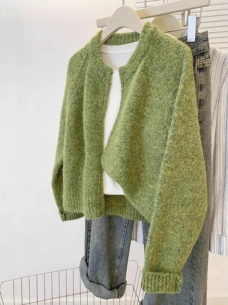 

Женский зеленый кардиган на молнии с круглым вырезом, свободного кроя, вязаный, весна-осень, новая модная универсальная модель
