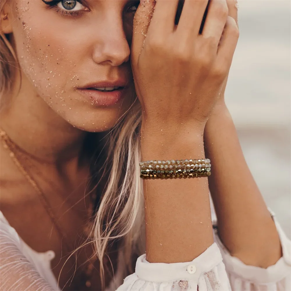 Fashion 4Pcs Colorful Crystal Bracelet for Women Men Faceted Crystal Beads Bracelet Set Handmade Shiny Jewelry Female