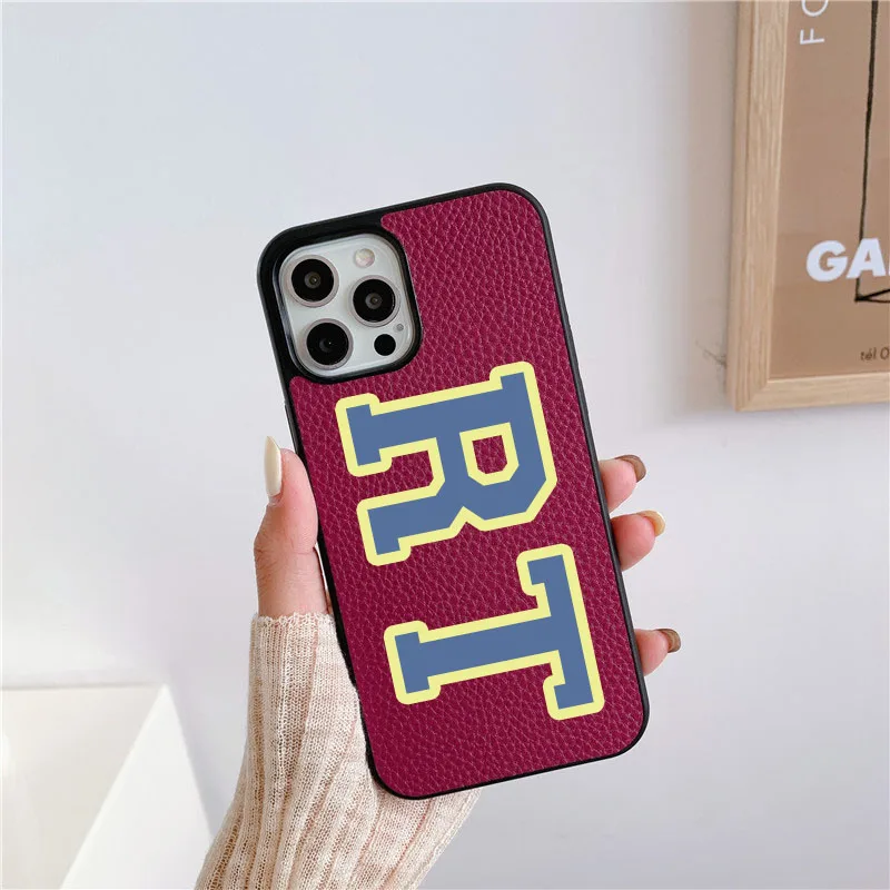 Varsity Tên Viết Tắt Personalised Da Cao Cấp Pebble Hạt PU Dành Cho Iphone 14 13 Pro Max 12 11 Max Pro X XS XR 7 8 Plus Có