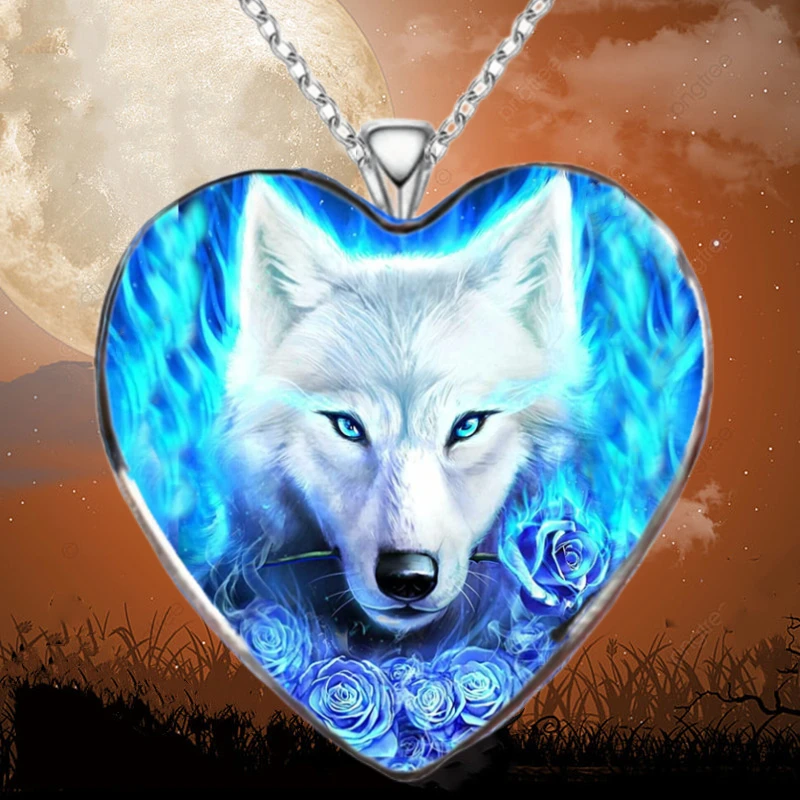 Fashion Blue Animal Wolf Head Rose Heart Crystal Pendant Necklace Engagement Necklace Women's Stainless Steel Jewelry Party Gift