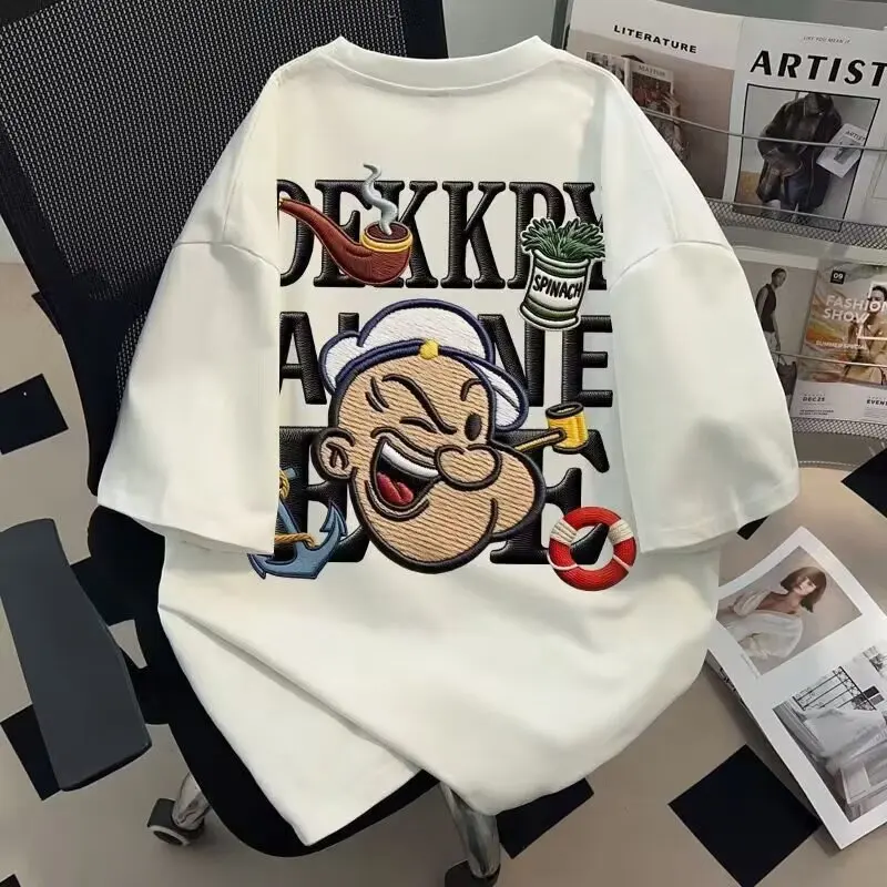 Heavyweight 260g Cotton Oversized Tee Retro Sailor Cartoon Embroidery Short Sleeve Streetwear T-Shirt Unisex