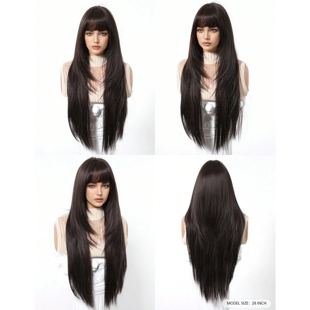 28-calowa Naturalna Czarna Peruka z Grzywką Super Długa Warstwowa Prosta Peruka Dla Kobiet Długa Czarna Brązowa Peruka Syntetyczna Odporna Na Ciepło