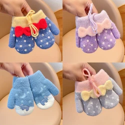 2022 New Baby Girls Cute Colors Cartoon Bow Plush Thickened Warm Gloves Children Soft Outdoor Windproof Warm Gloves Kids Gloves