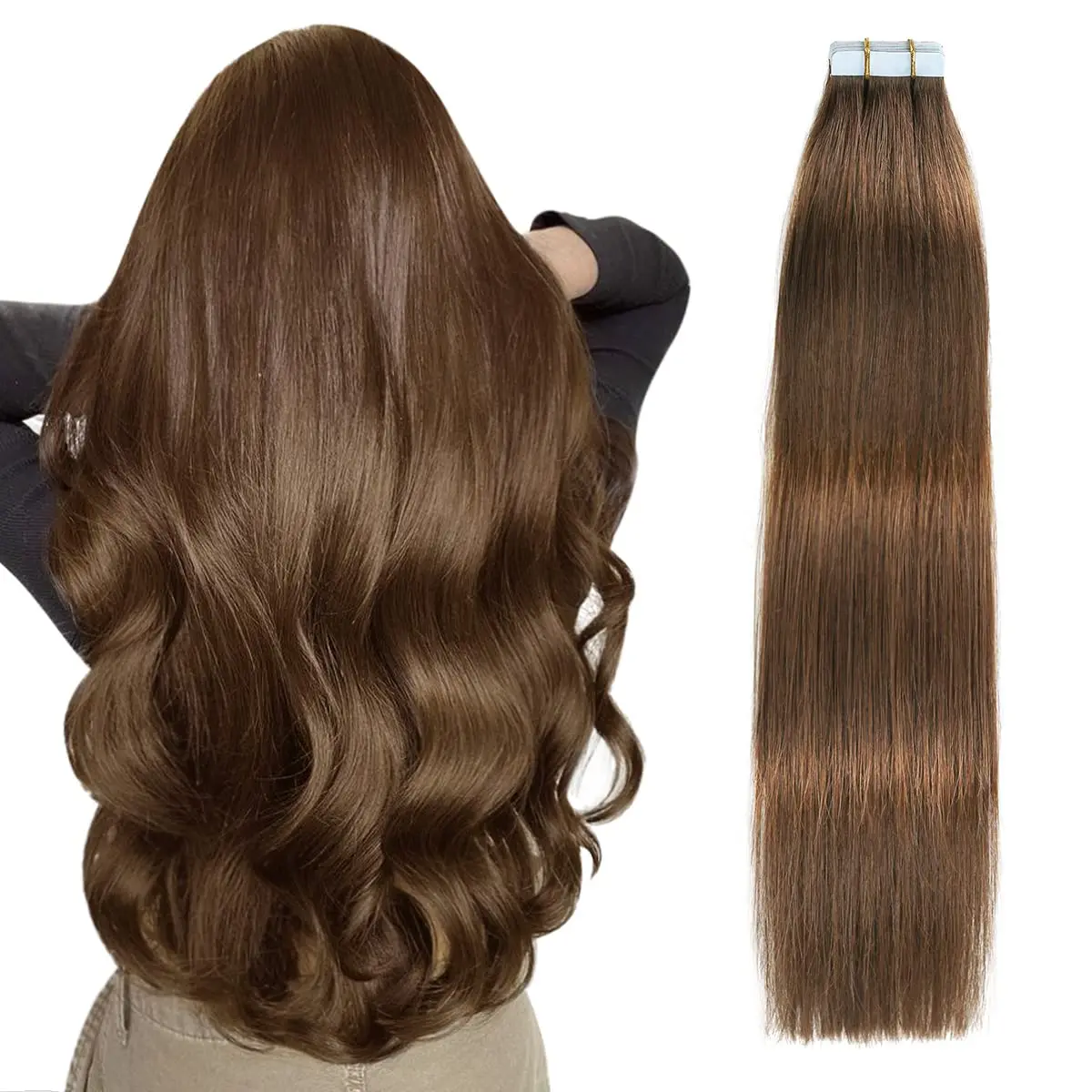 Tape in Hair Extension Human Hair Invisible Straight 22 inch for Women Seamless Skin Weft #4 Chocolate Brown Real Hair Extension