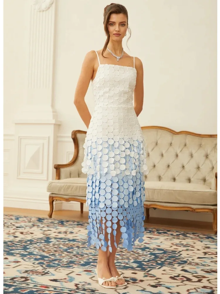 DFDG-vestido Midi elegante para mujer, camisola de imitación con flecos de disco degradado, vestido único con recorte bordado Retro, primavera y verano, 2025