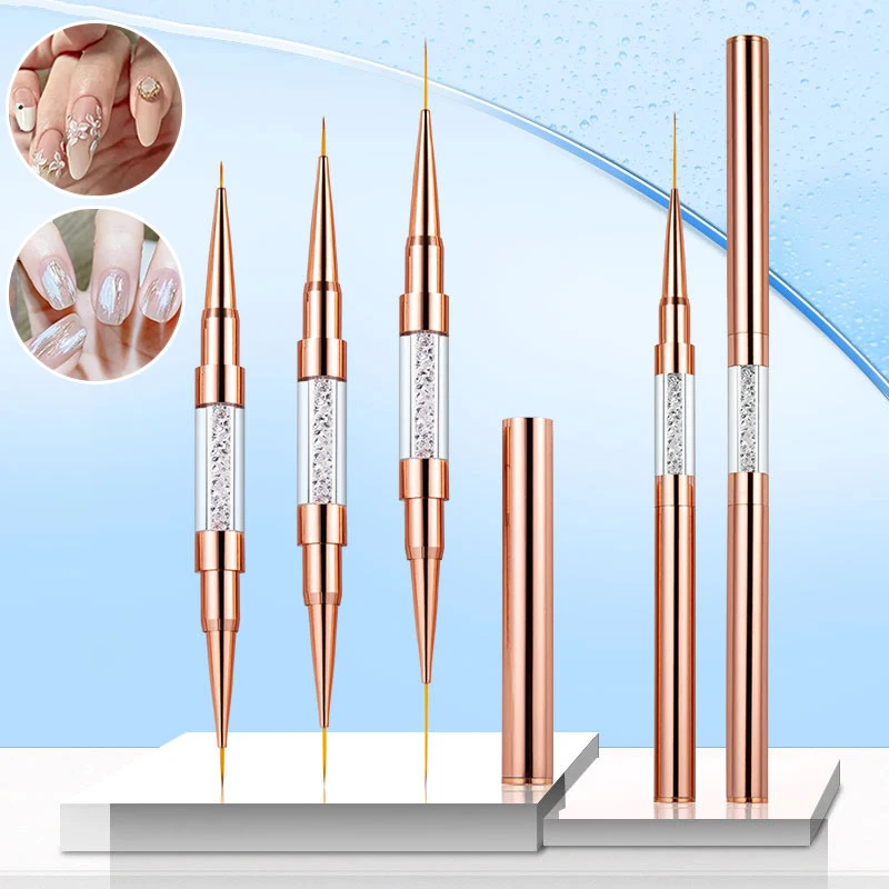 Rose Gold Double-headed Line Drawing Pen Nail Art UV Gel Liner Painting Brushes Drawing Flower Striping Design 5+7/9+12/15+20mm